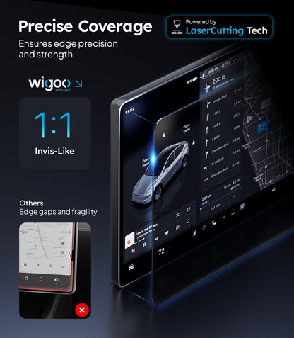 Smartphone screen displaying a navigation app with 'wigoo' branding and text about precise coverage and laser cutting technology.