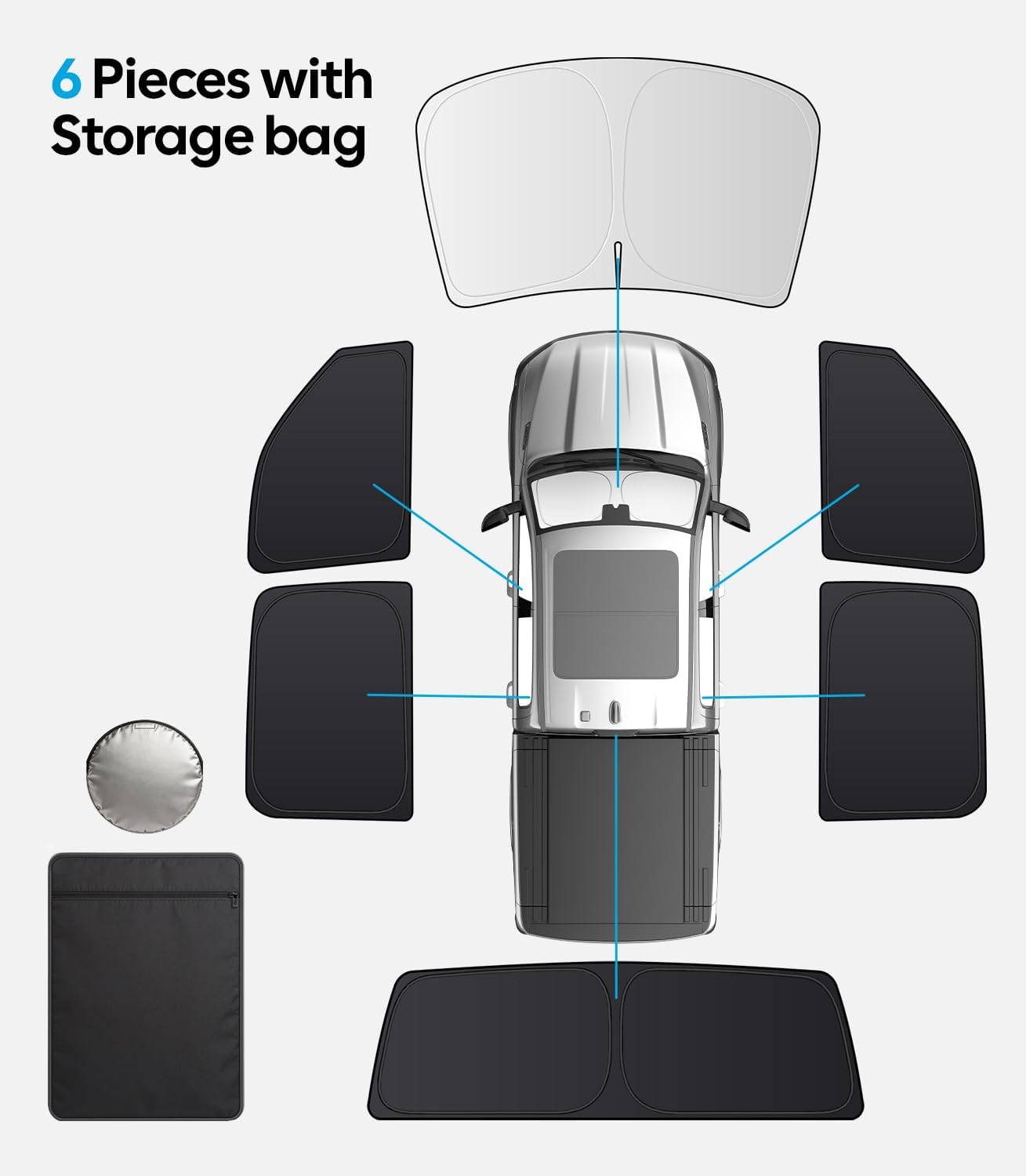 Car sunshade and accessories with storage bag on a white background