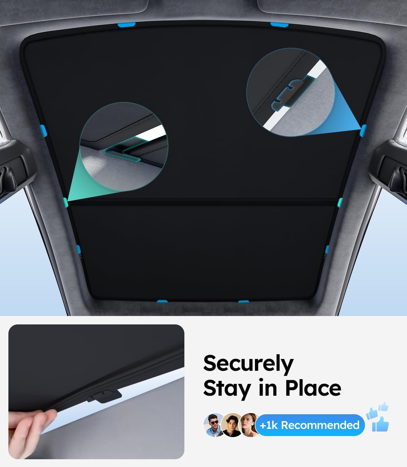 Car sunshade securely attached to a car's sunroof with text 'Securely Stay in Place'.