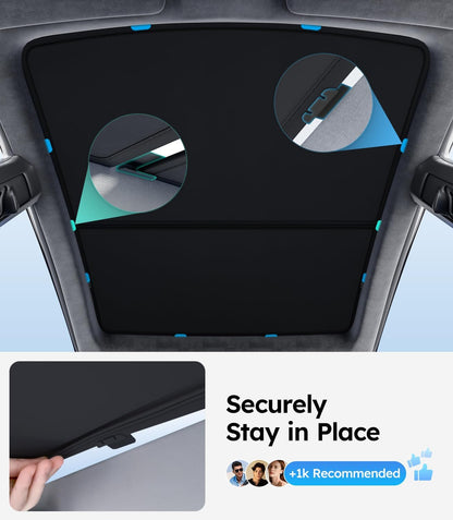 Car sunshade securely attached to a car's sunroof with text 'Securely Stay in Place'.