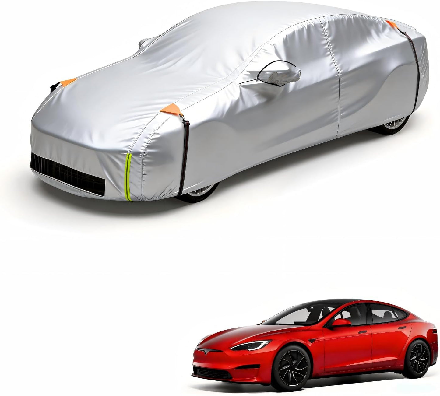 Car cover on a white car and a red Tesla Model S on a white background