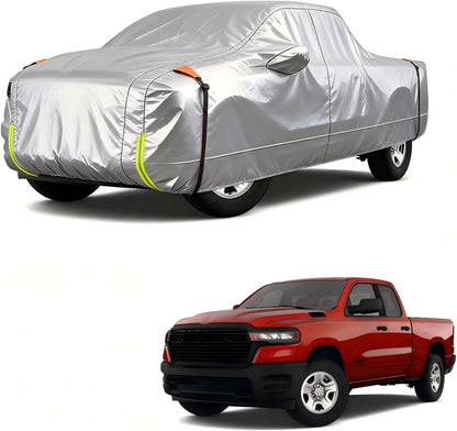 Car cover on a white background with a red truck below