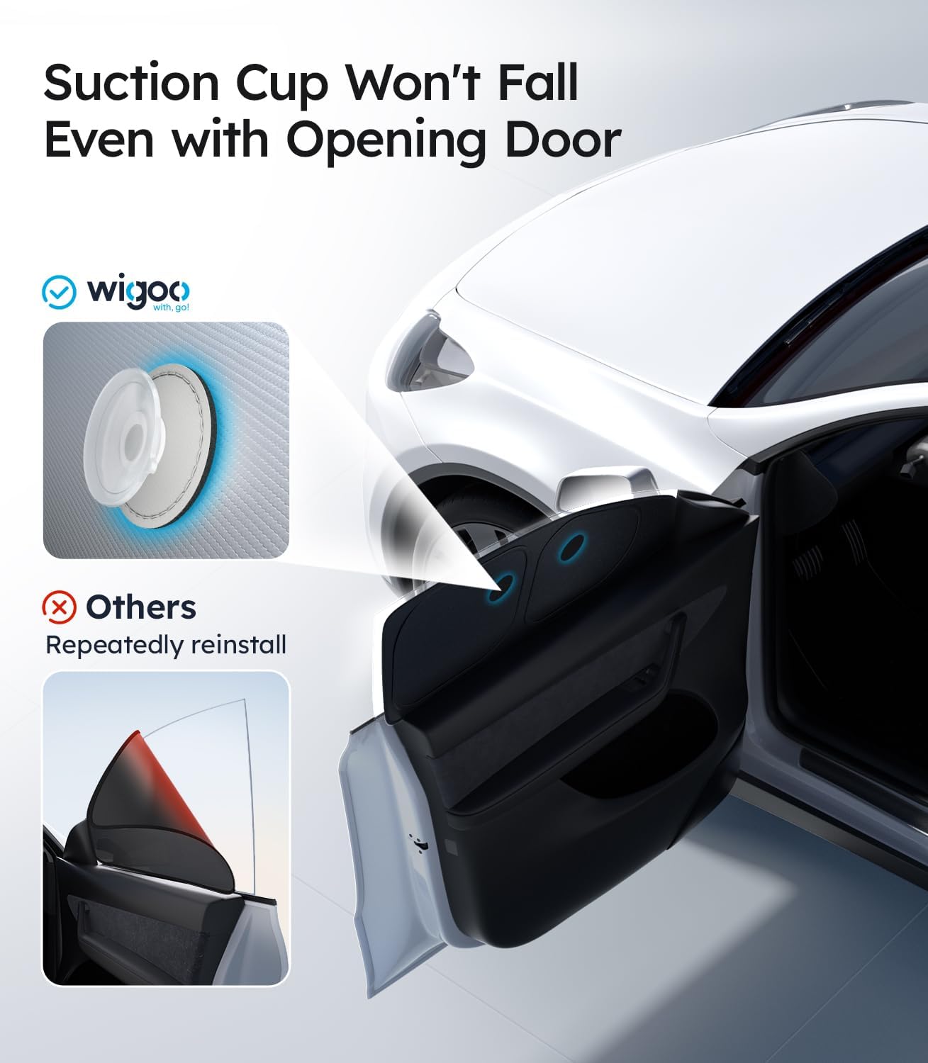 Car rearview mirror with wigoo suction cup demonstrating stability even with an opening door.