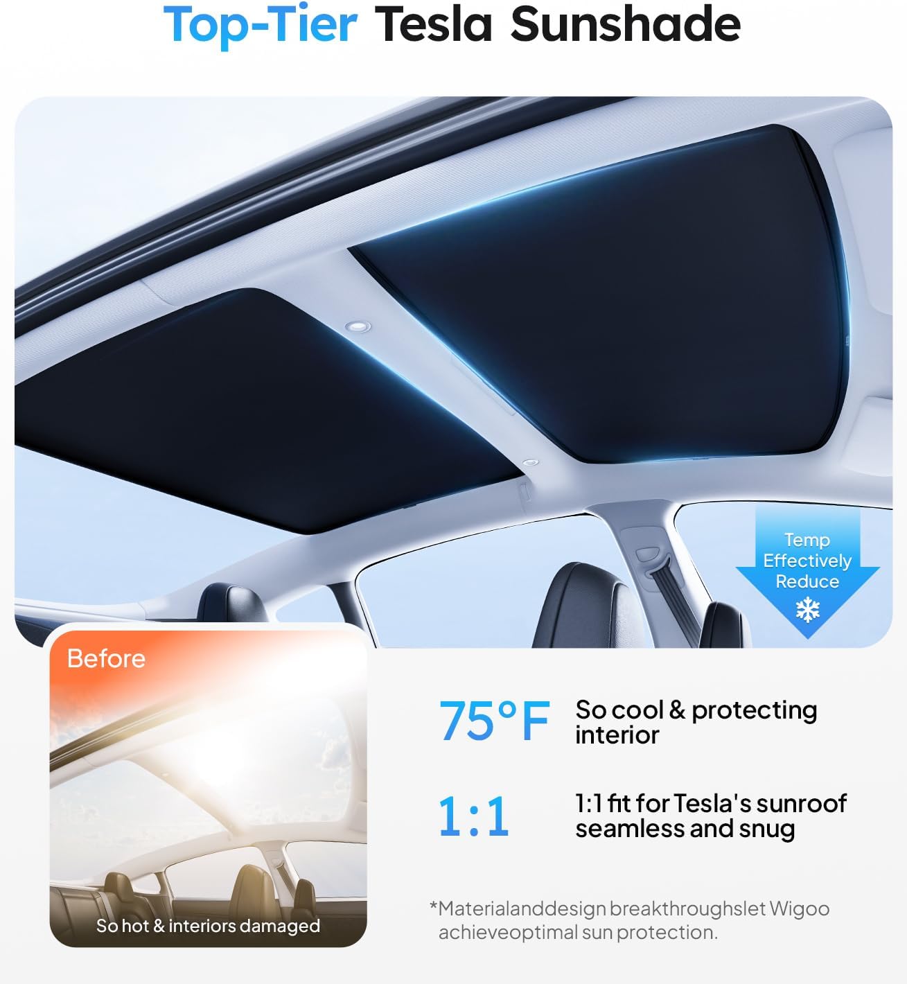Tesla sunshade with text highlighting features and benefits
