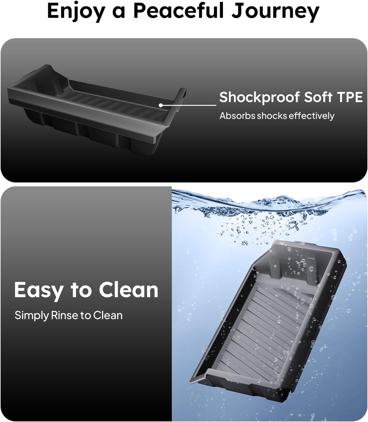 Shockproof soft TPE tray with text on a black background, followed by a tray being rinsed under water.