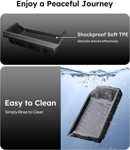 Shockproof soft TPE tray with text on a black background, followed by a tray being rinsed under water.