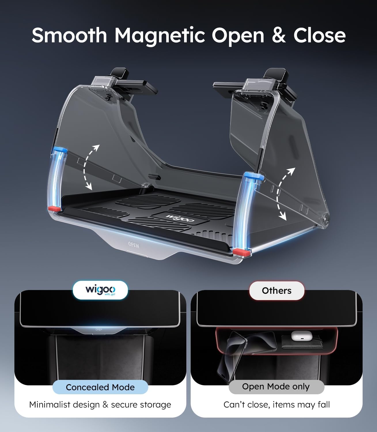 Car boot organizer with smooth magnetic open and close feature, comparing Wigoa's product to others.