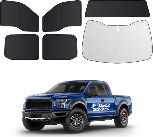 Set of car window sunshades displayed above a blue Ford F-150 truck.