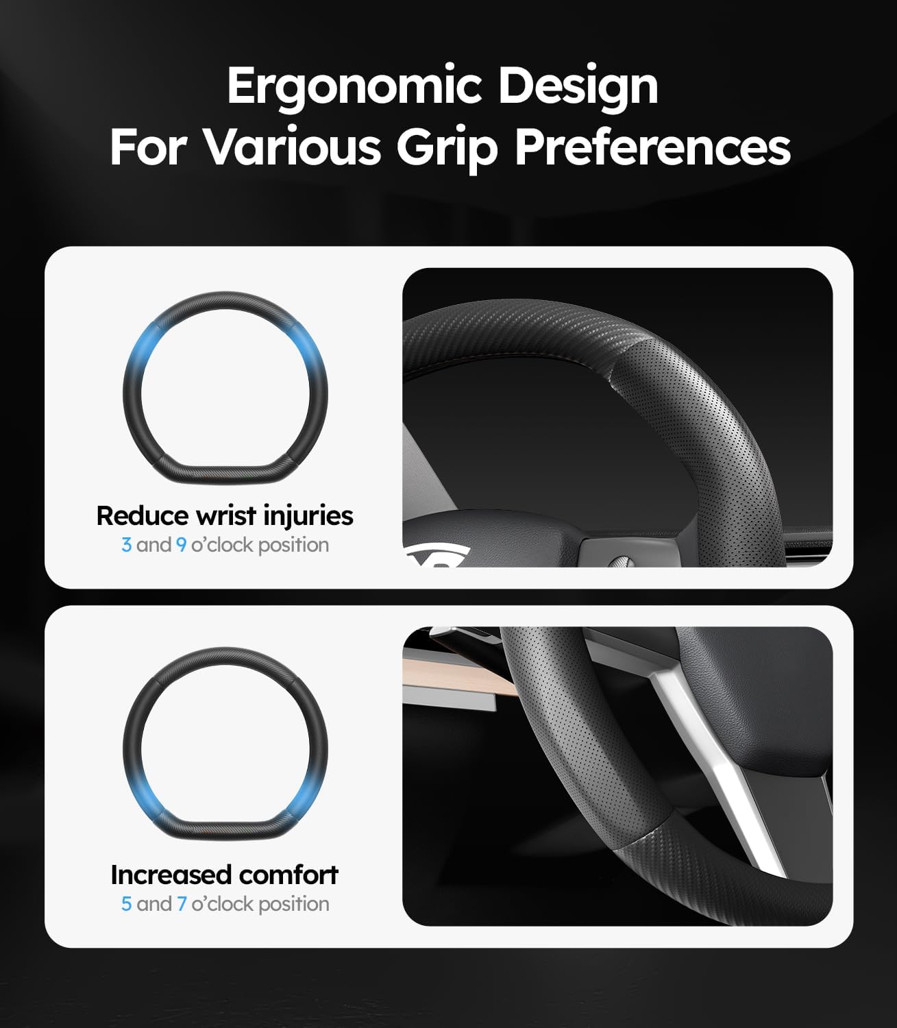 Ergonomic steering wheel design with text on wrist injuries and comfort.