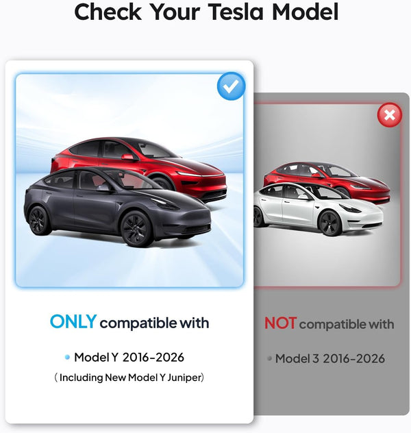 Compatibility check for Tesla Model Y and Model 3 with text indicating compatibility ranges.