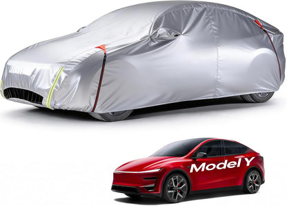 Car cover over a car model with 'Model Y' branding on a white background