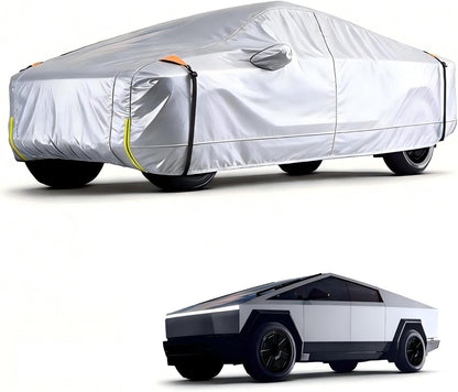 Car cover over a car model and a Tesla Cybertruck on a white background