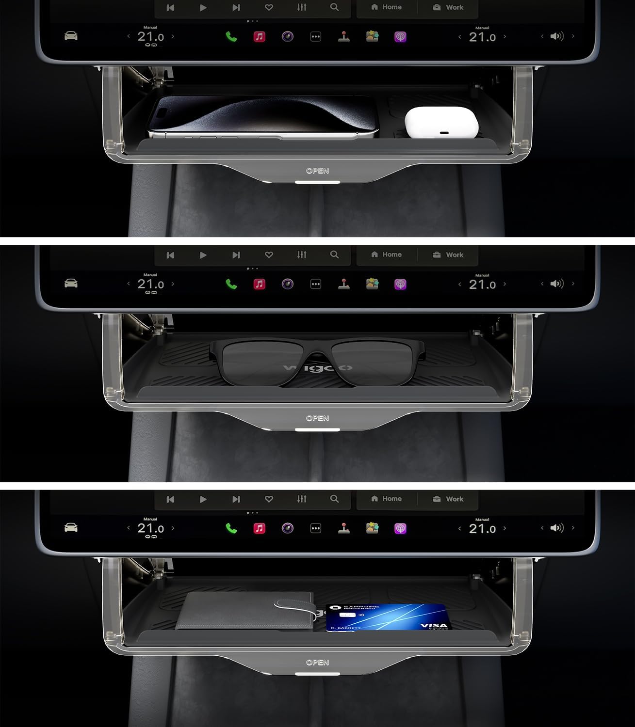Smart home device with multiple shelves and digital displays on a black background