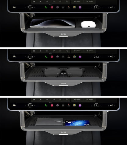 Smart home device with multiple shelves and digital displays on a black background