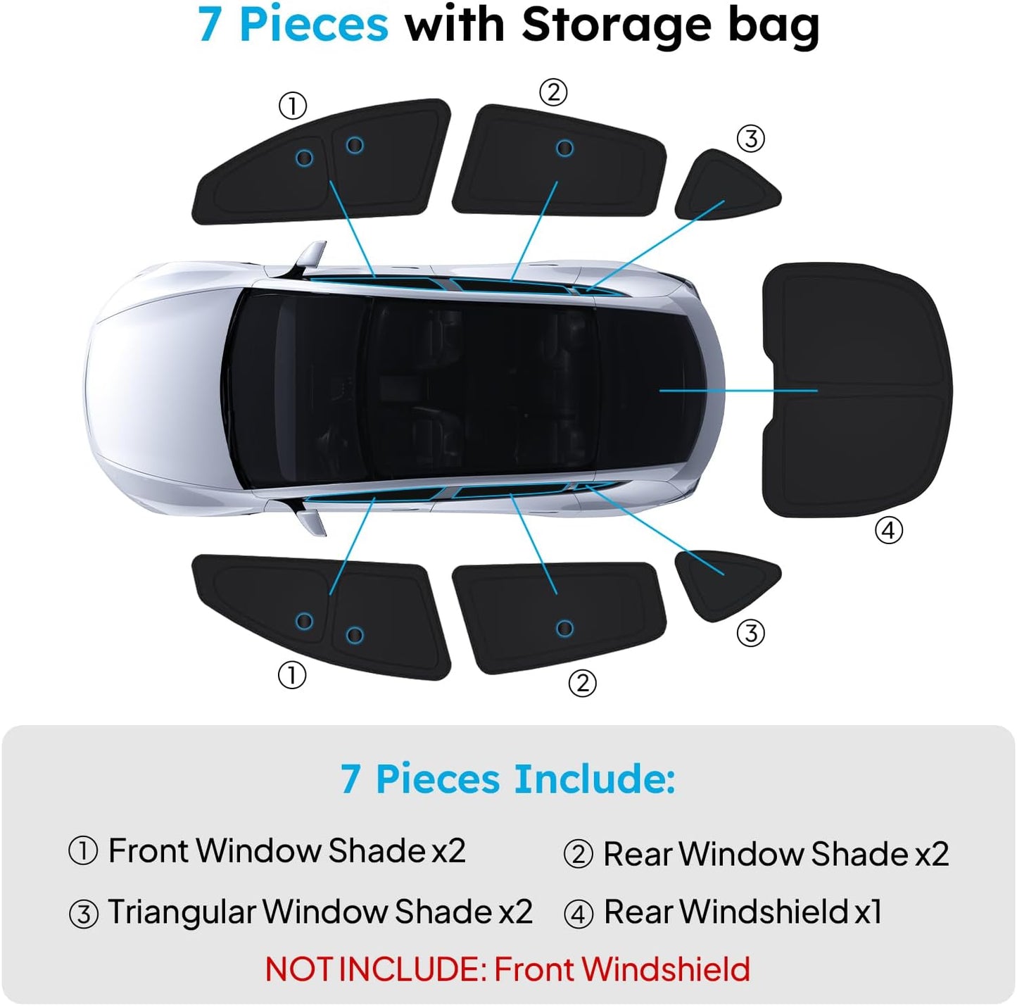 Car window shade set with storage bag, showing components and their quantities.