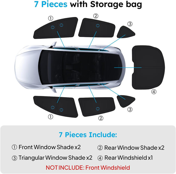 Car window shade set with storage bag, showing components and their quantities.