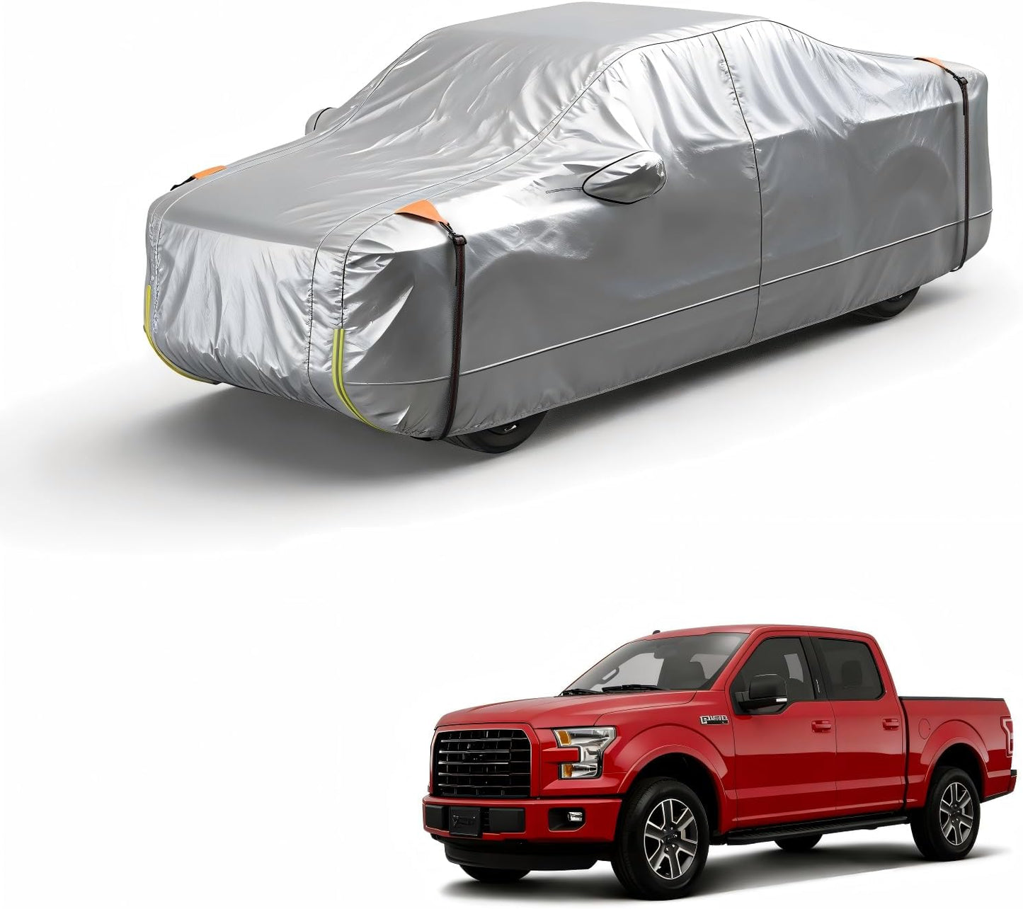 Car cover on a white background with a red pickup truck below.