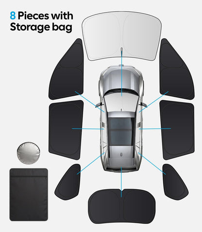 Car mat set with storage bag displayed above a car illustration on a white background.