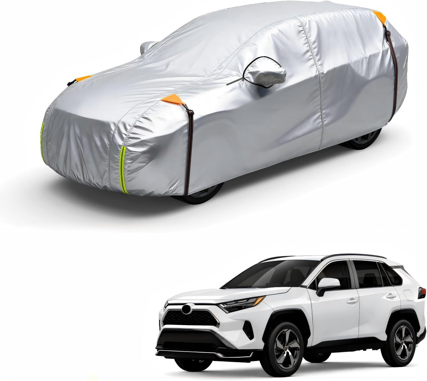 Car cover on a white background with a white SUV below.