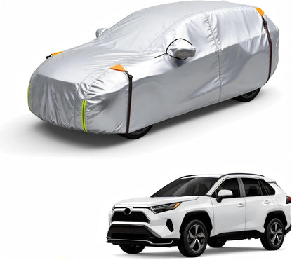Car cover on a white background with a white SUV below.