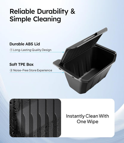Black storage bin with durable lid and soft TPE box on a light blue background