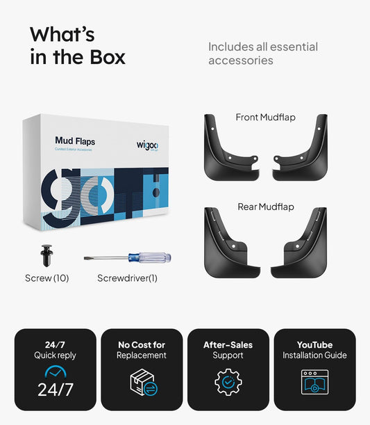 Wigo mud flap set with packaging and accessories on a white background