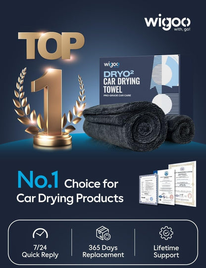 Wigoo car drying towel with awards and product packaging on a dark blue background