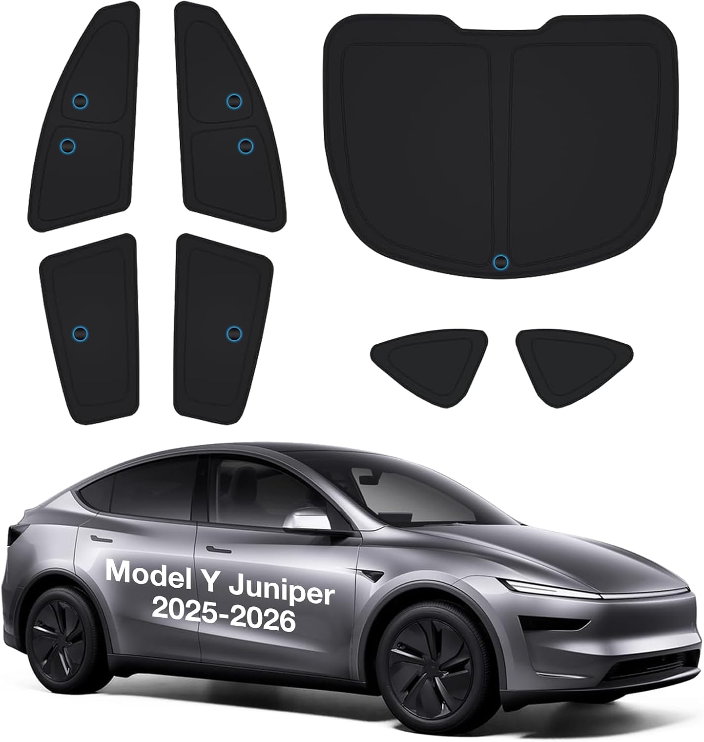 Set of car sunshades and protective films with a Tesla Model Y Juniper 2025-2026 on a white background.