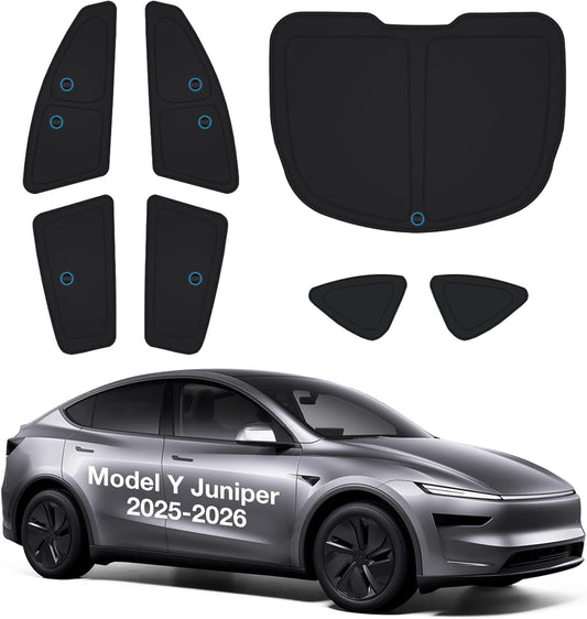 Set of car sunshades and protective films with a Tesla Model Y Juniper 2025-2026 on a white background.