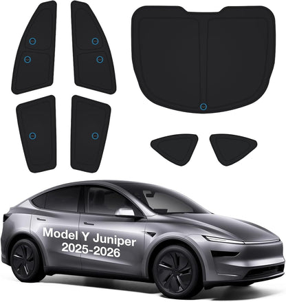 Set of car sunshades and protective films with a Tesla Model Y Juniper 2025-2026 on a white background.
