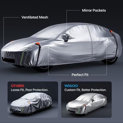 Car cover for Tesla Model 3 with features highlighted on a dark background