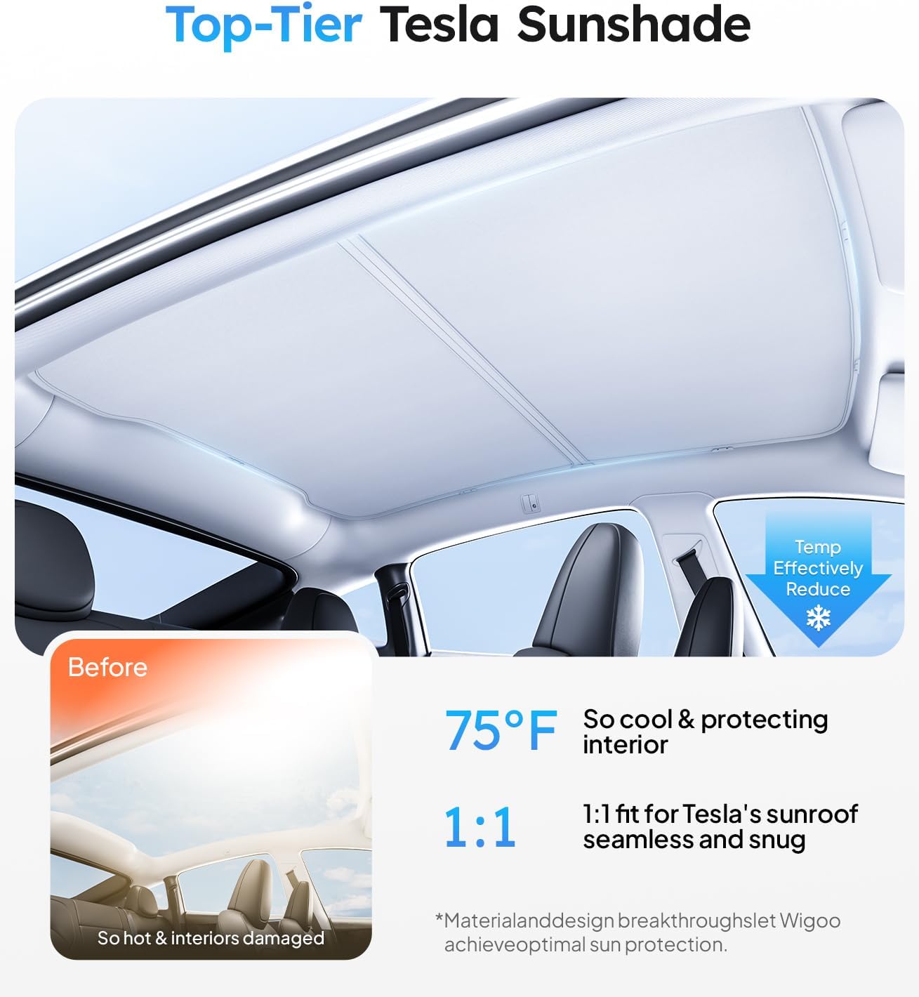 Tesla sunshade with text highlighting features and benefits