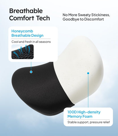 Sedentary product with honeycomb breathable design and 100D high-density memory foam on a light blue background.
