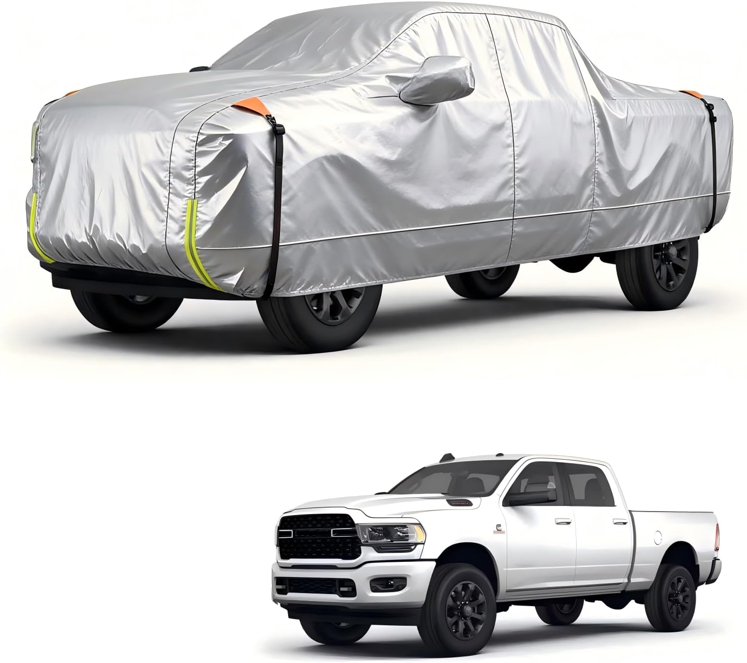 Car cover on a white truck and a white truck with a car cover on a white background