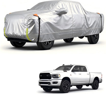 Car cover on a white truck and a white truck with a car cover on a white background