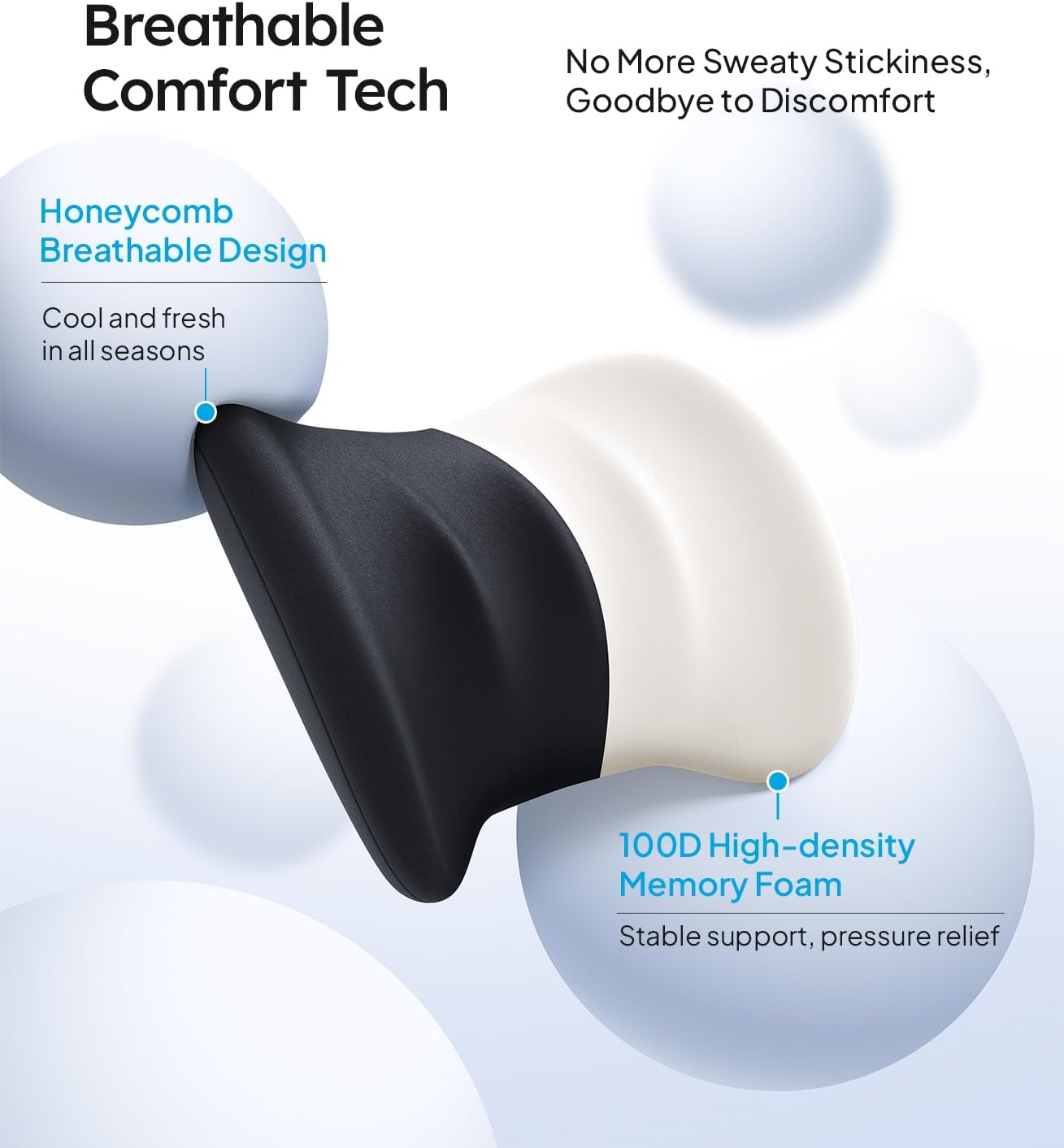 Black and white earbud with text highlighting breathable comfort technology on a light blue background