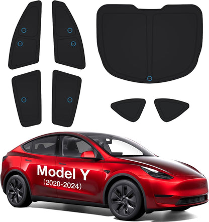Black car mats with a red Tesla Model Y car on a white background