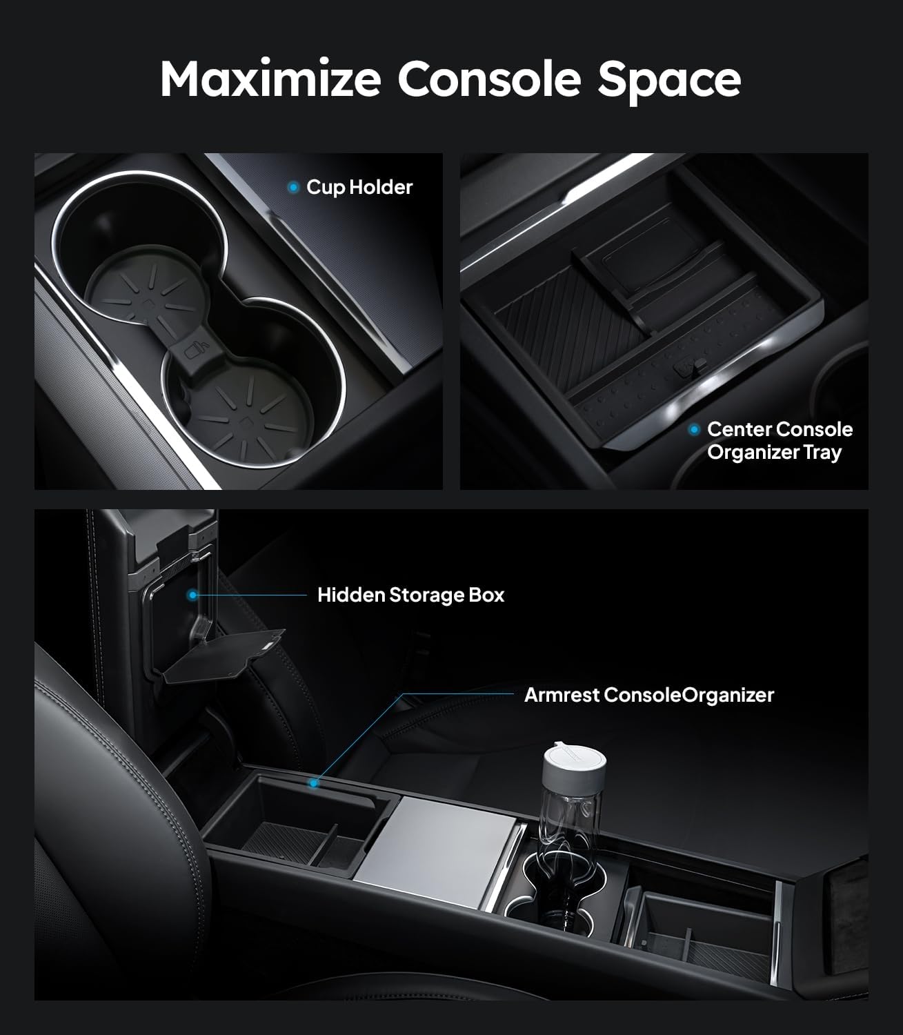 Car console organizer with cup holder, center console tray, and hidden storage box.