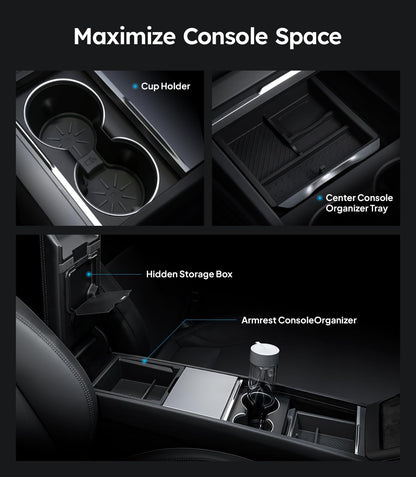 Car console organizer with cup holder, center console tray, and hidden storage box.