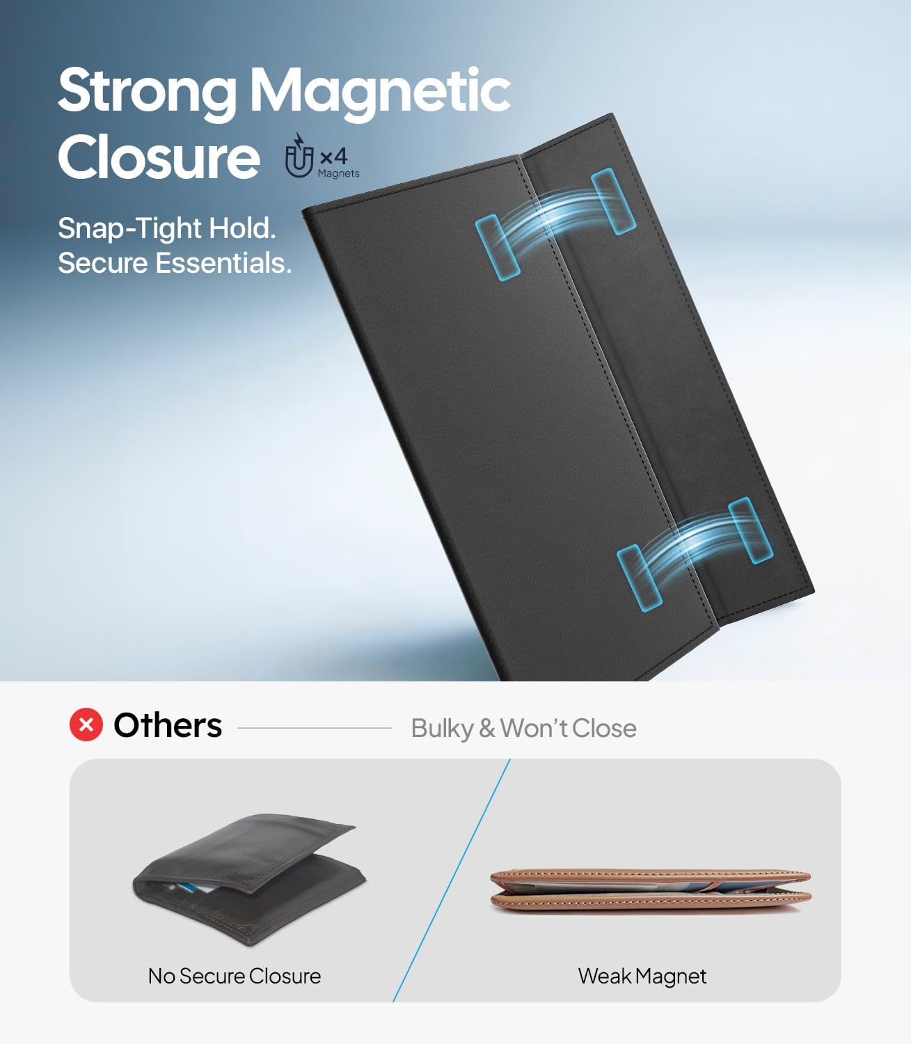 Black leather wallet with strong magnetic closure feature on a light blue background