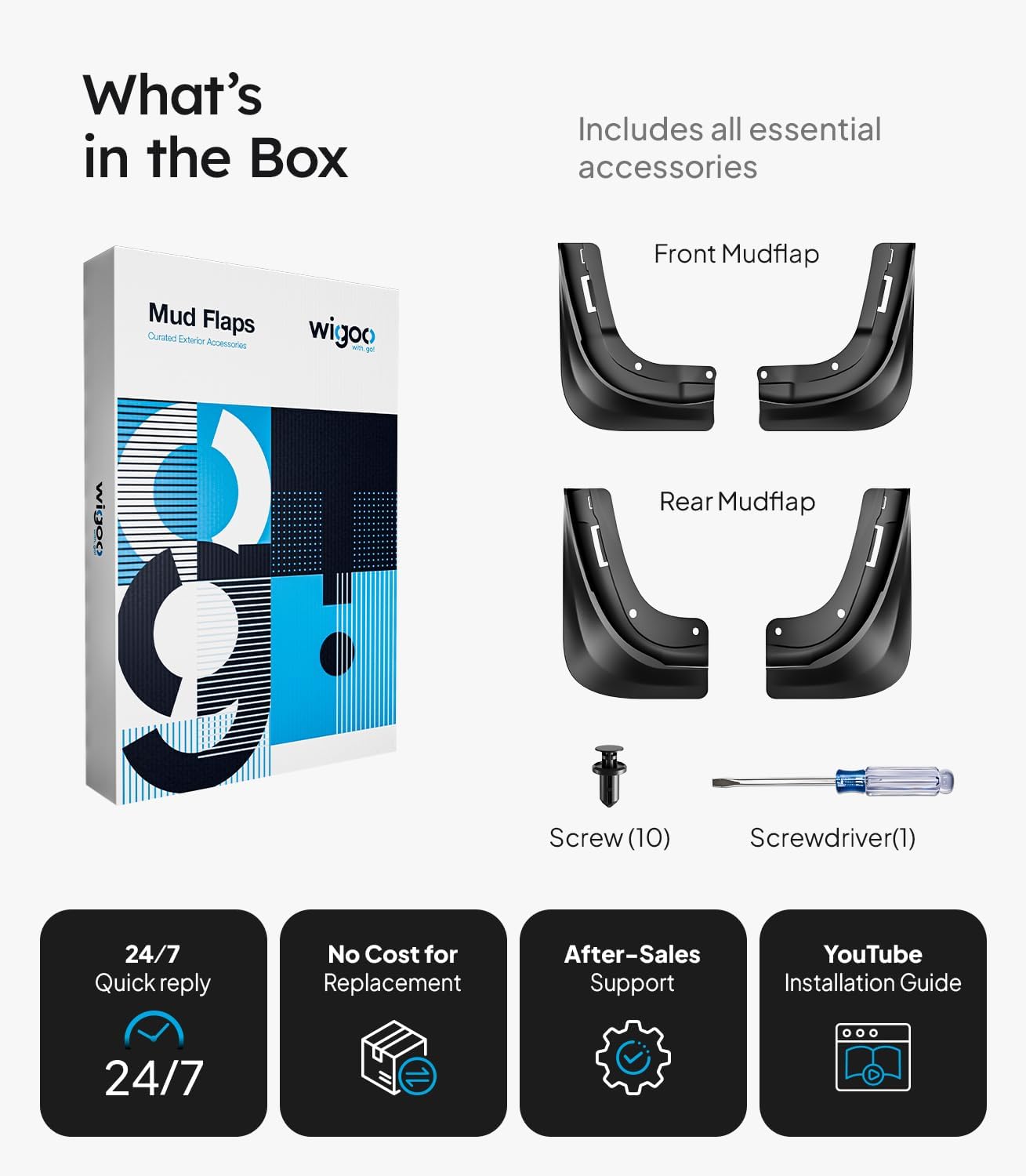 Wiggo mud flap set with packaging, screws, and screwdriver on a white background