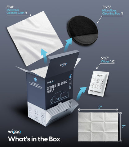 Wigoo Car Screen Cleaner Wipes [Alcohol-Free, Streak-Free] Auto Touchscreen Wipes for Computer, Laptop, Phone, ipad, Individually Wrapped 52 Count + Microfiber Pad & Cloth WIGOO