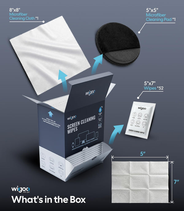 Wigoo Car Screen Cleaner Wipes [Alcohol-Free, Streak-Free] Auto Touchscreen Wipes for Computer, Laptop, Phone, ipad, Individually Wrapped 52 Count + Microfiber Pad & Cloth WIGOO