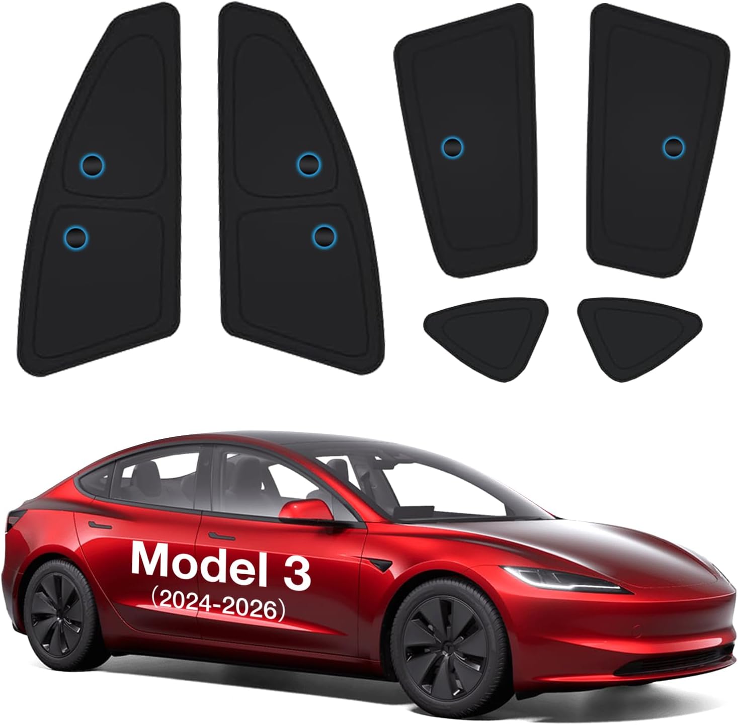 Set of car door panel inserts with a red Tesla Model 3 car below on a white background