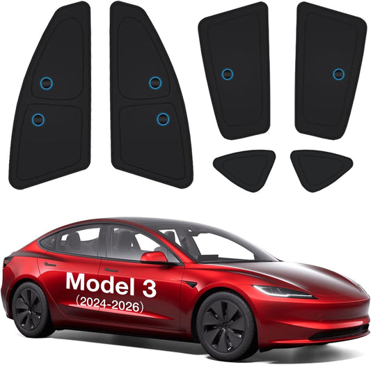 Set of car door panel inserts with a red Tesla Model 3 car below on a white background