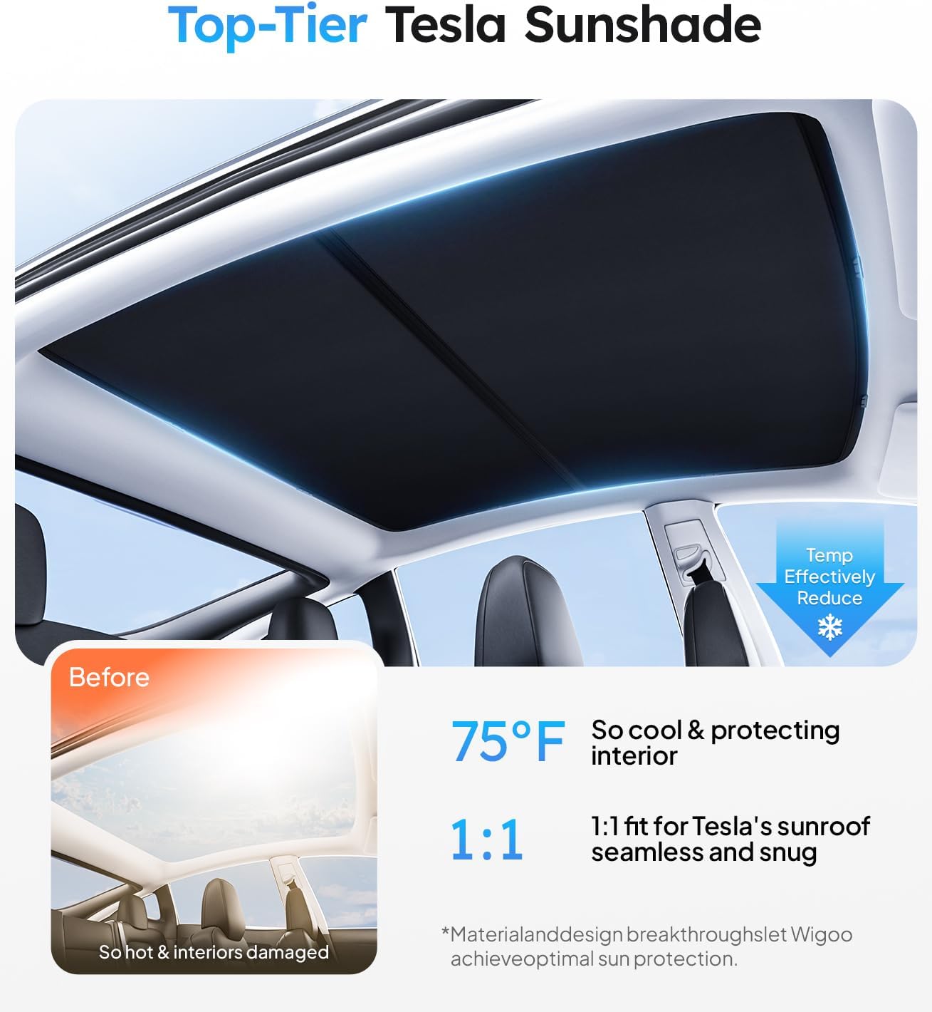 Tesla sunshade with temperature reduction feature and before-and-after comparison.
