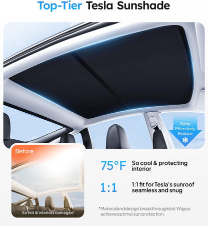 Tesla sunshade with temperature reduction feature and before-and-after comparison.
