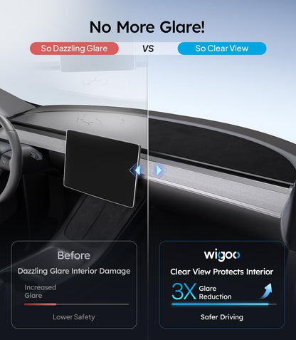 Comparison of dazzling glare and clear view in a car interior with Wigoo product branding.