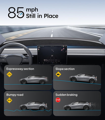Car dashboard with navigation display showing different driving conditions.