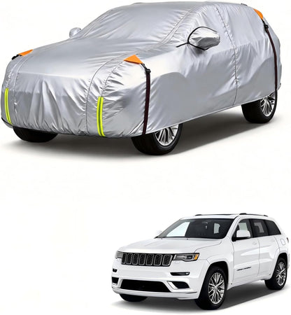 Car cover on a car and a white SUV on a white background